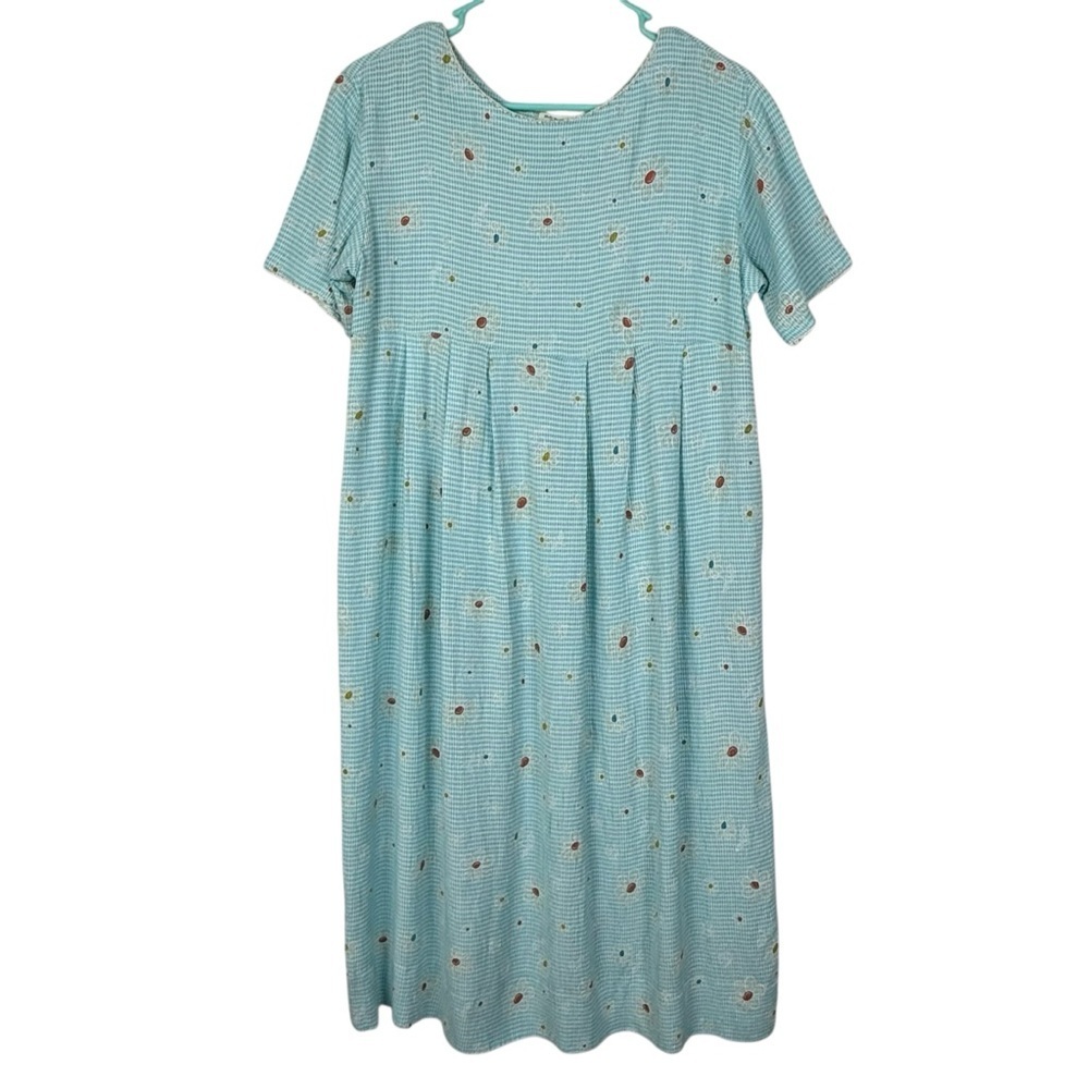 Vintage Homemade Blue Gingham Floral Dress with Pocket Size Medium??